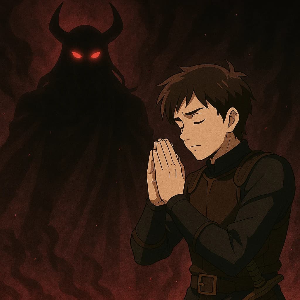  A boy praying to a dark God