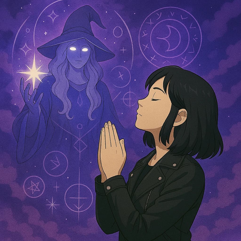  A girl praying to a God of magic