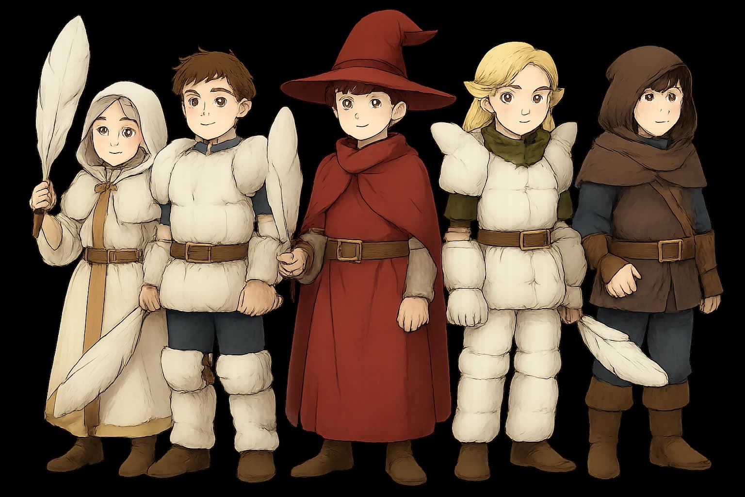 Group of players standing together with feathers for weapons and pillows for armor